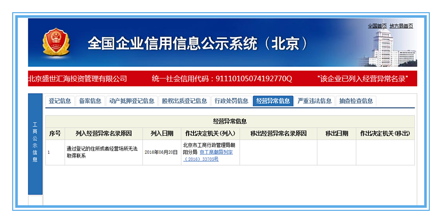 盛世汇海已被纳入经营异常名录