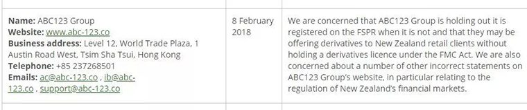 ABC123集团退出中国大陆 曾被新西兰监管局警告虚假宣称受FMA监管