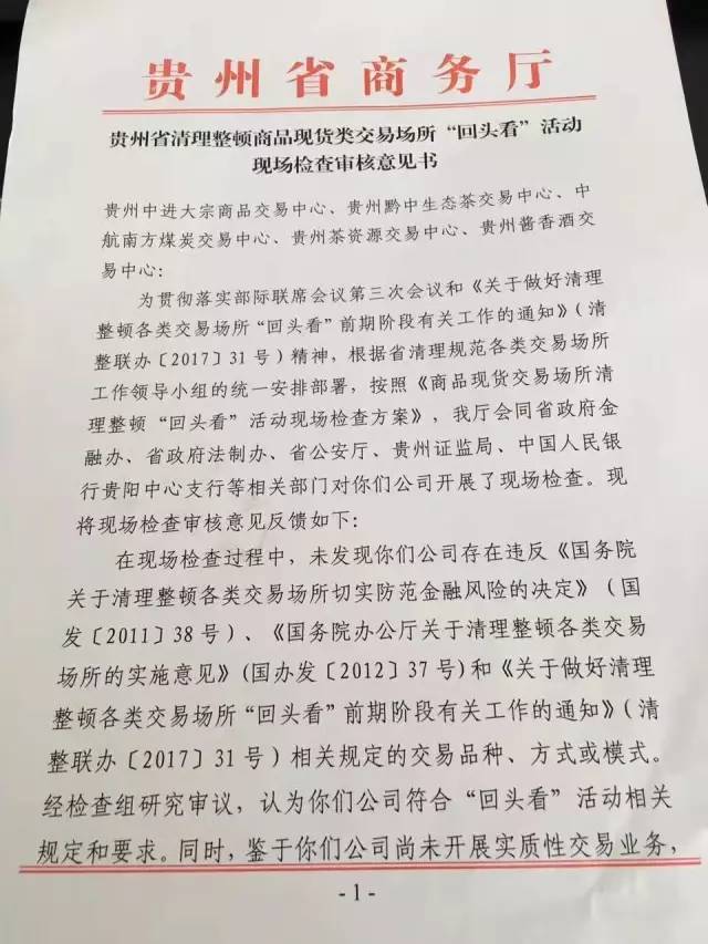 贵州省清理整顿商品现货类交易场所“回头看”活动现场检查审核意见书